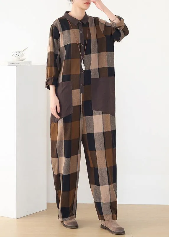 spring big pockets ming Harem cotton brown plus szie  plaid jumpsuit