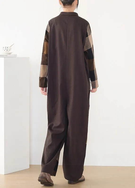 spring big pockets ming Harem cotton brown plus szie  plaid jumpsuit