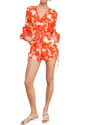 Sunny Demeanor Orange Floral Linen Long Sleeve Drawstring Romper