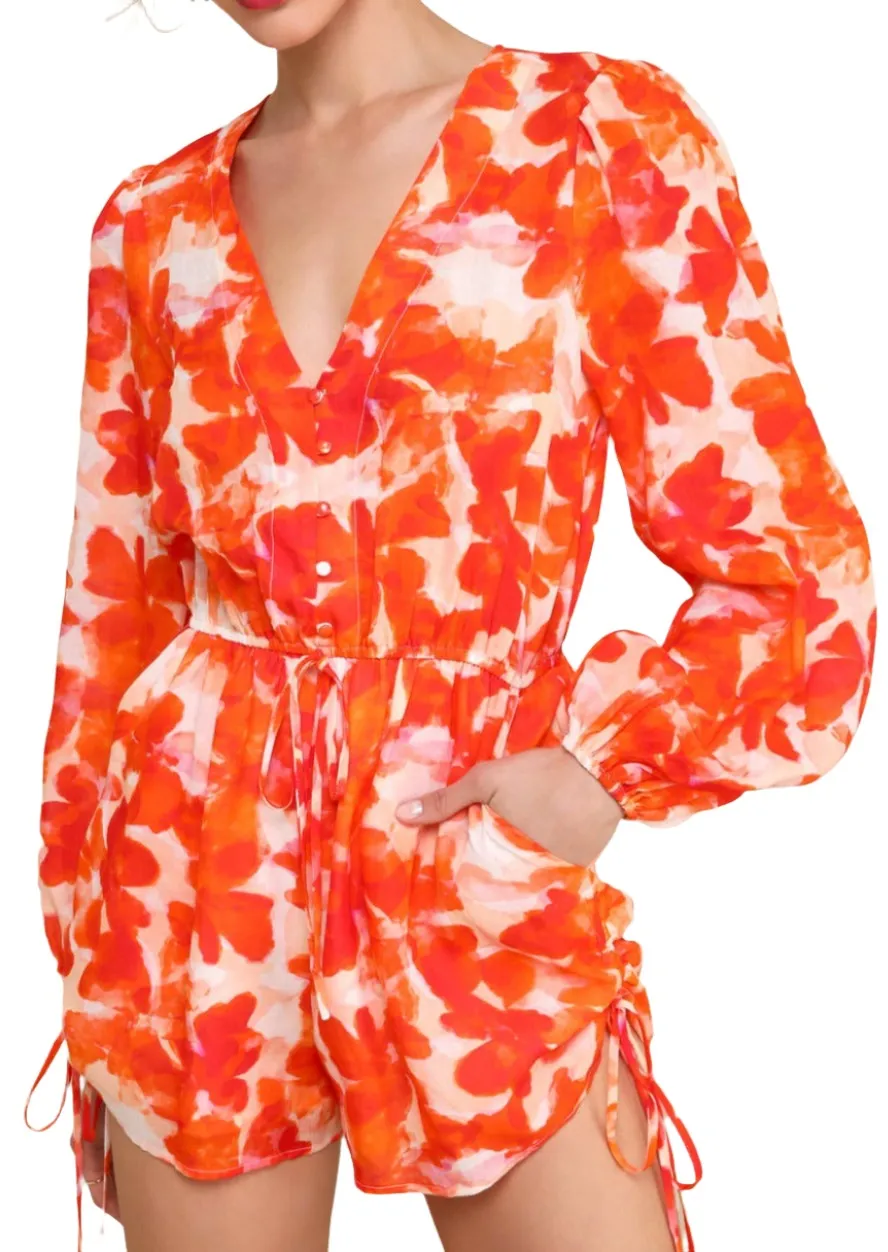 Sunny Demeanor Orange Floral Linen Long Sleeve Drawstring Romper