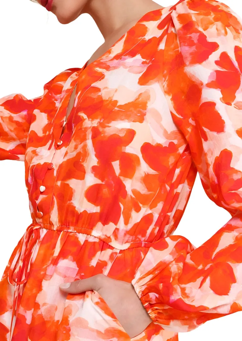 Sunny Demeanor Orange Floral Linen Long Sleeve Drawstring Romper