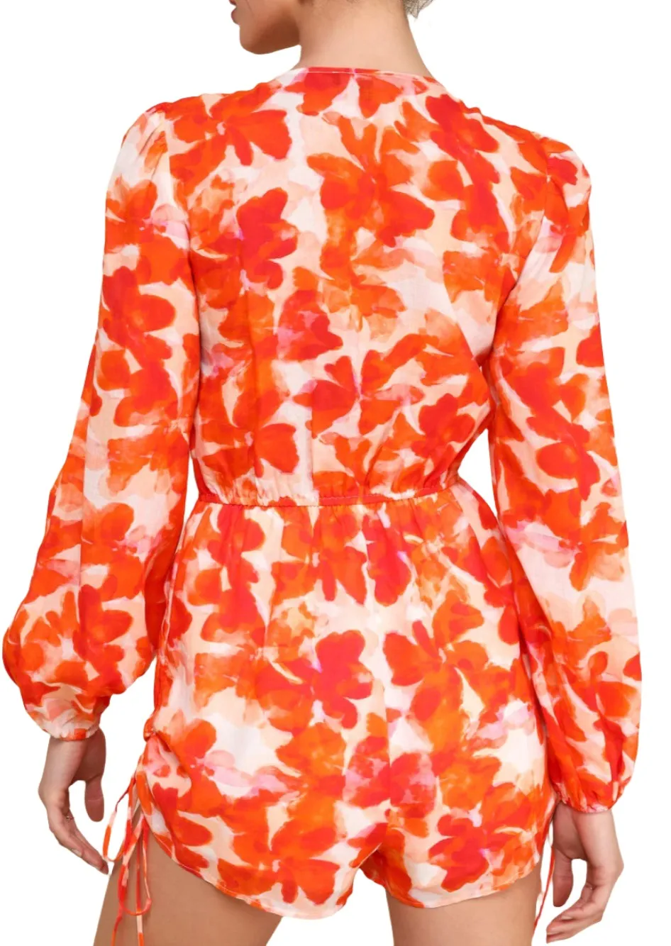 Sunny Demeanor Orange Floral Linen Long Sleeve Drawstring Romper