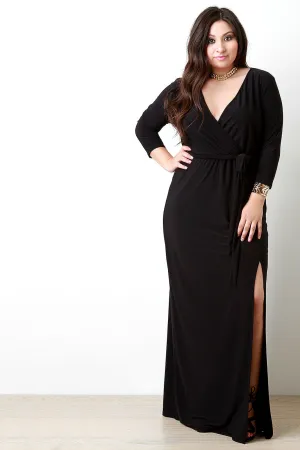 Surplice Wrap Quarter Sleeves Slit Dress