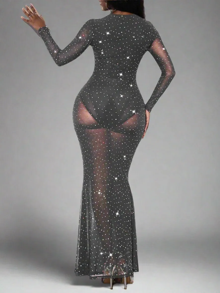 SXY Women’s Fish Tail Net Yarn Dress With Rhinestones