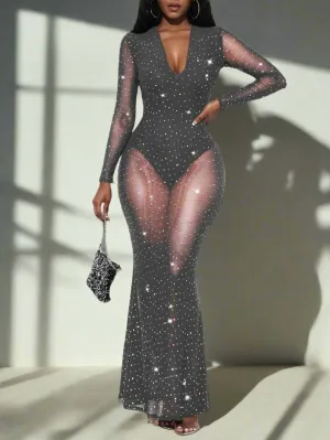 SXY Women’s Fish Tail Net Yarn Dress With Rhinestones