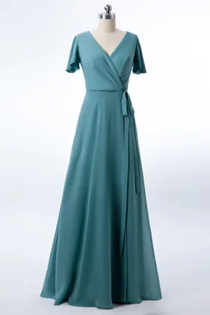 Teal Chiffon Long Wrap Bridesmaid Dress