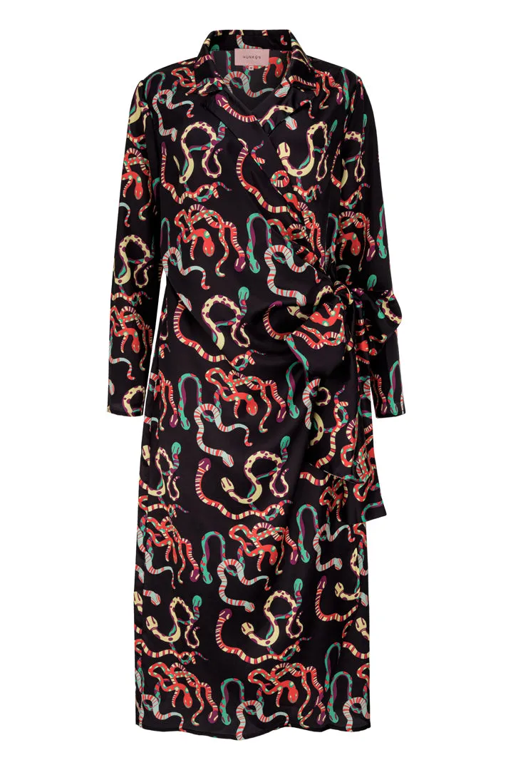 Ursula Wrap Dress - Black snake Art Print