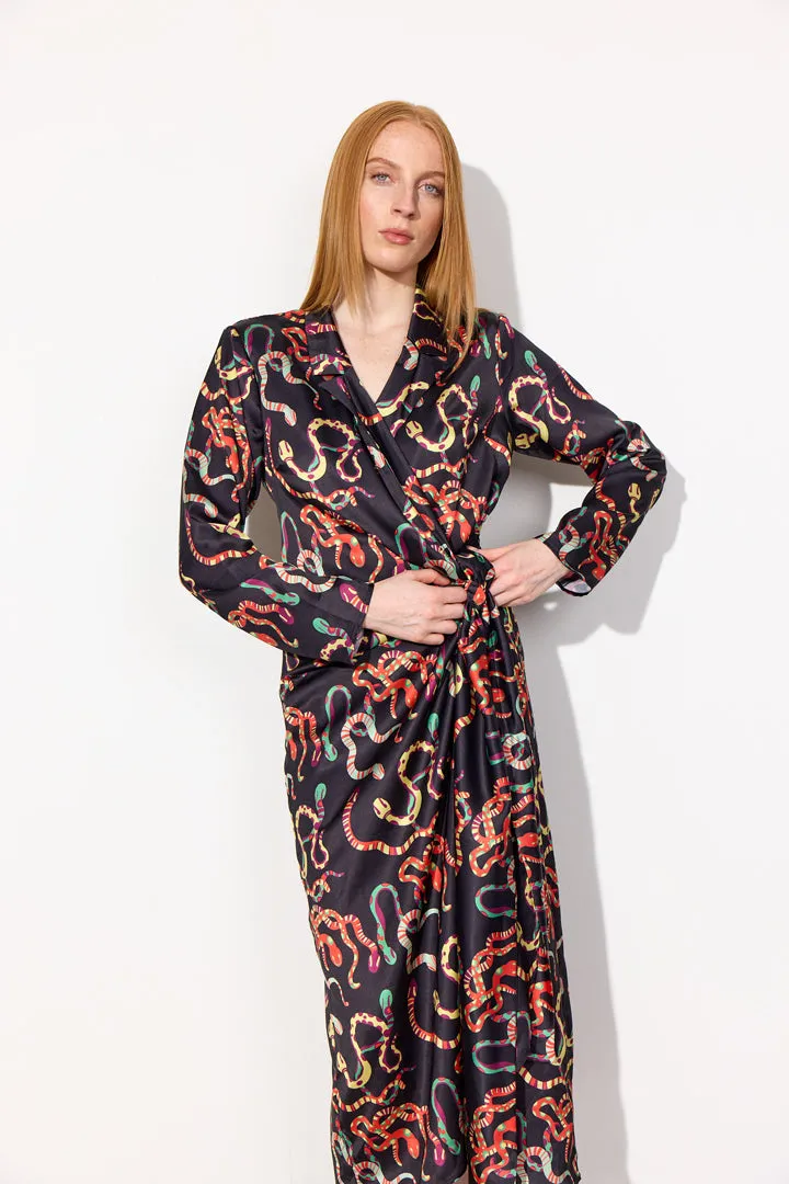 Ursula Wrap Dress - Black snake Art Print