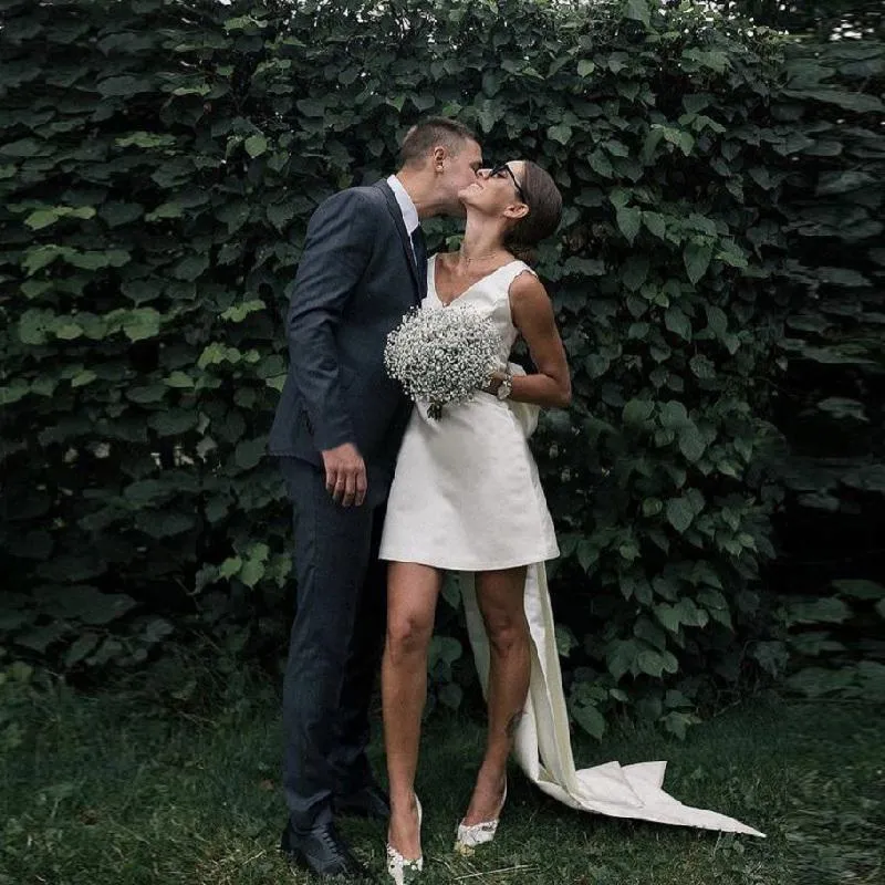 V Neck Bridal Gown Large Bow Custom Made Plus Size Open Back