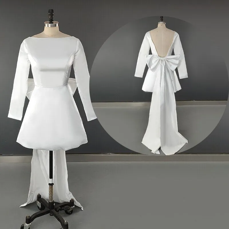 V Neck Bridal Gown Large Bow Custom Made Plus Size Open Back