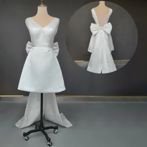 V Neck Bridal Gown Large Bow Custom Made Plus Size Open Back