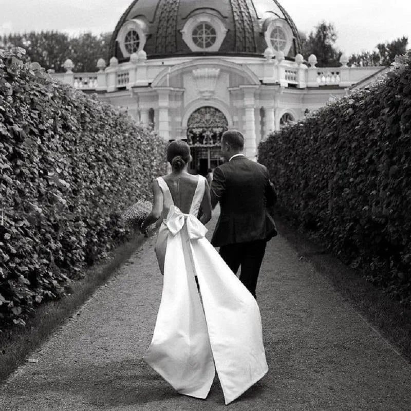 V Neck Bridal Gown Large Bow Custom Made Plus Size Open Back