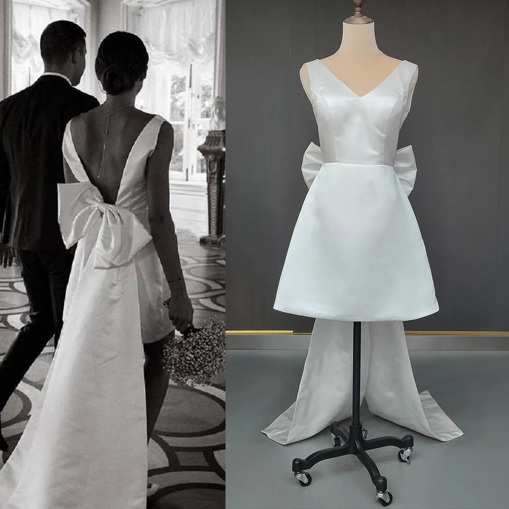 V Neck Bridal Gown Large Bow Custom Made Plus Size Open Back