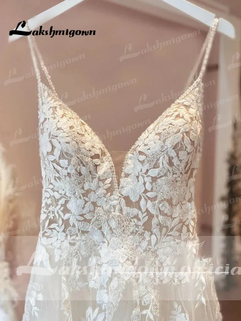 Vestido Novia Spaghetti Straps Lace Wedding Dress With V Neckline Bride Dress