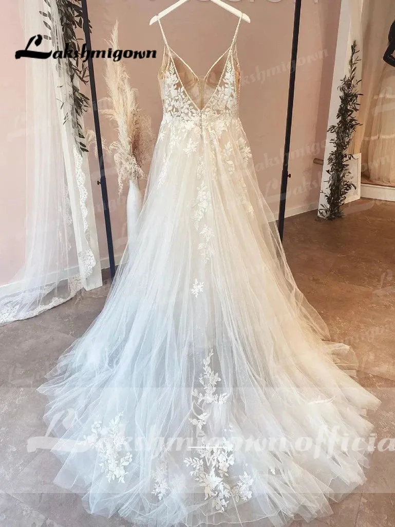 Vestido Novia Spaghetti Straps Lace Wedding Dress With V Neckline Bride Dress