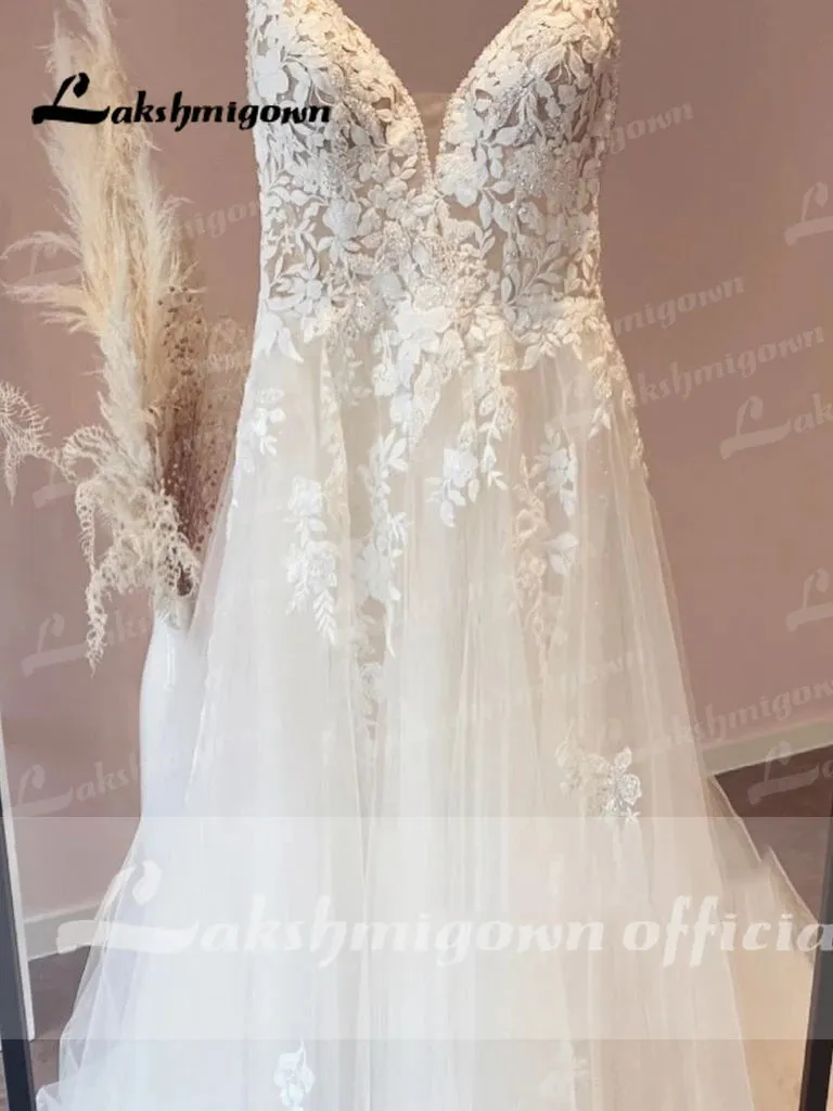 Vestido Novia Spaghetti Straps Lace Wedding Dress With V Neckline Bride Dress