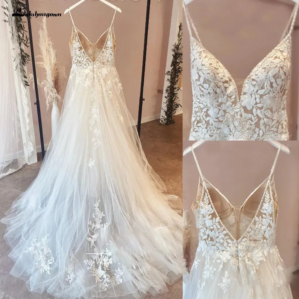 Vestido Novia Spaghetti Straps Lace Wedding Dress With V Neckline Bride Dress