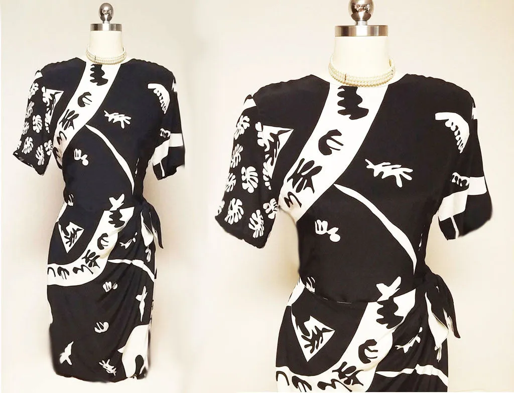 *VINTAGE '80s NORA NOH BLACK & CREAM SILK SARONG DRESS