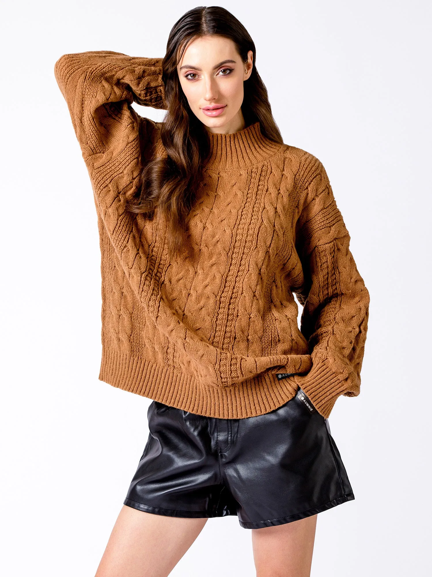 VINTAGE MOCK NECK OVERSIZED CABLE KNIT SWEATER, CARAMEL