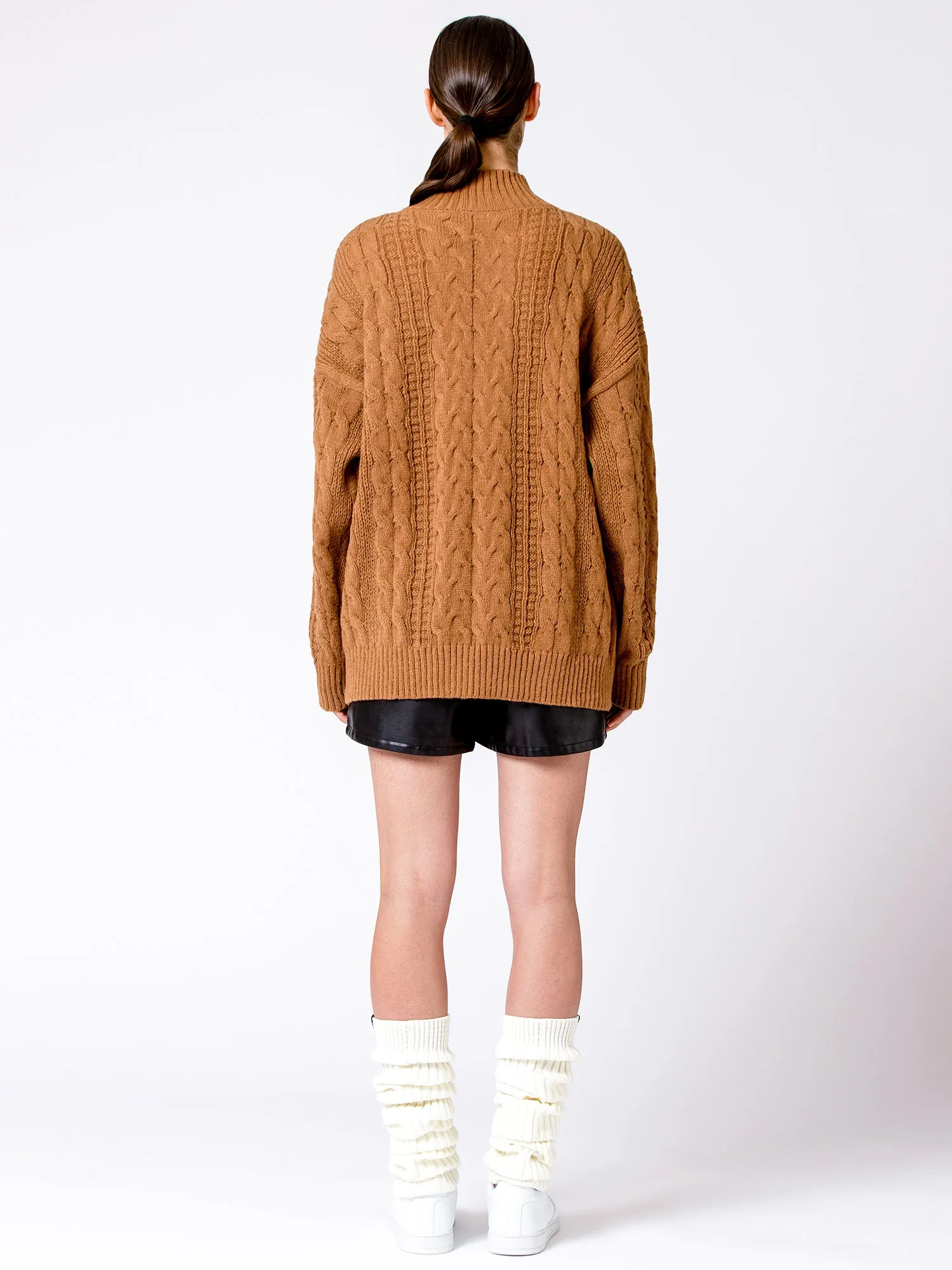VINTAGE MOCK NECK OVERSIZED CABLE KNIT SWEATER, CARAMEL