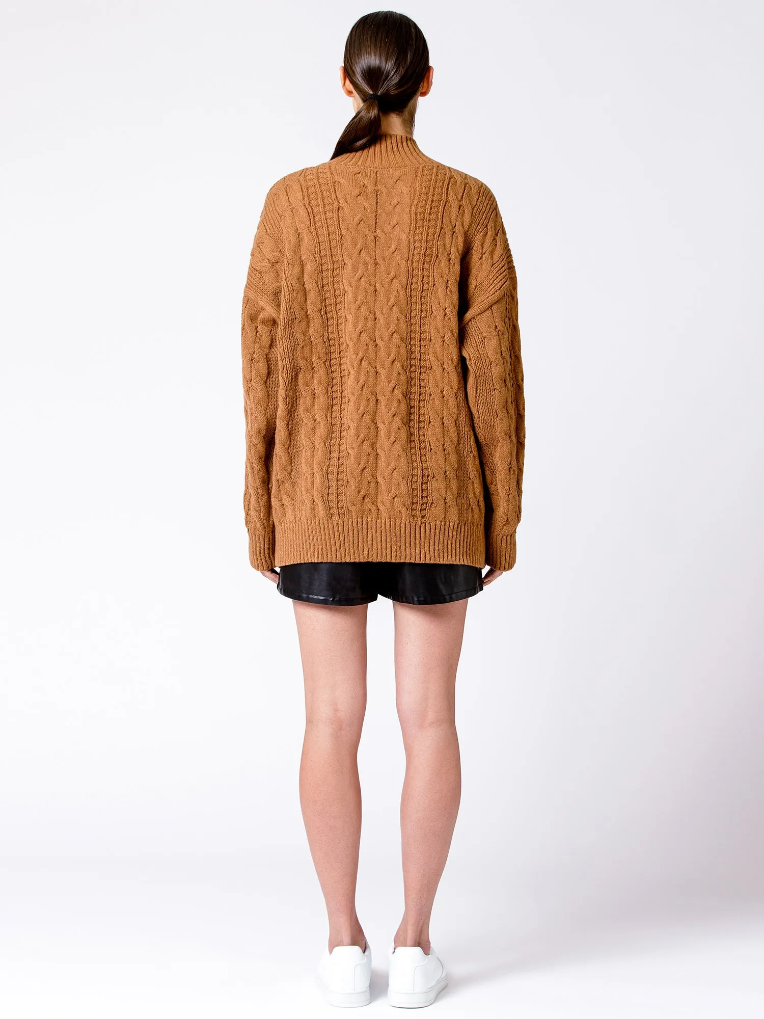 VINTAGE MOCK NECK OVERSIZED CABLE KNIT SWEATER, CARAMEL