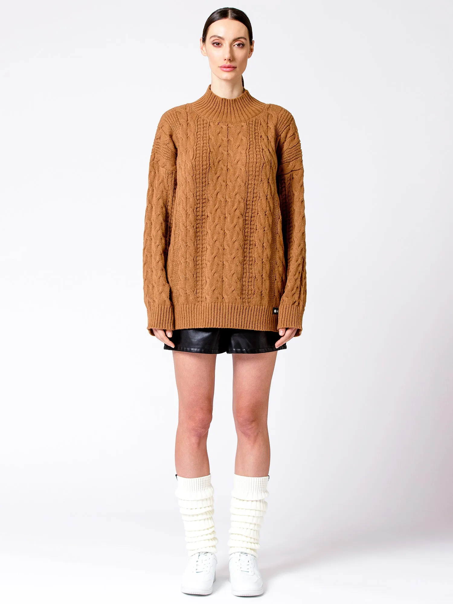 VINTAGE MOCK NECK OVERSIZED CABLE KNIT SWEATER, CARAMEL
