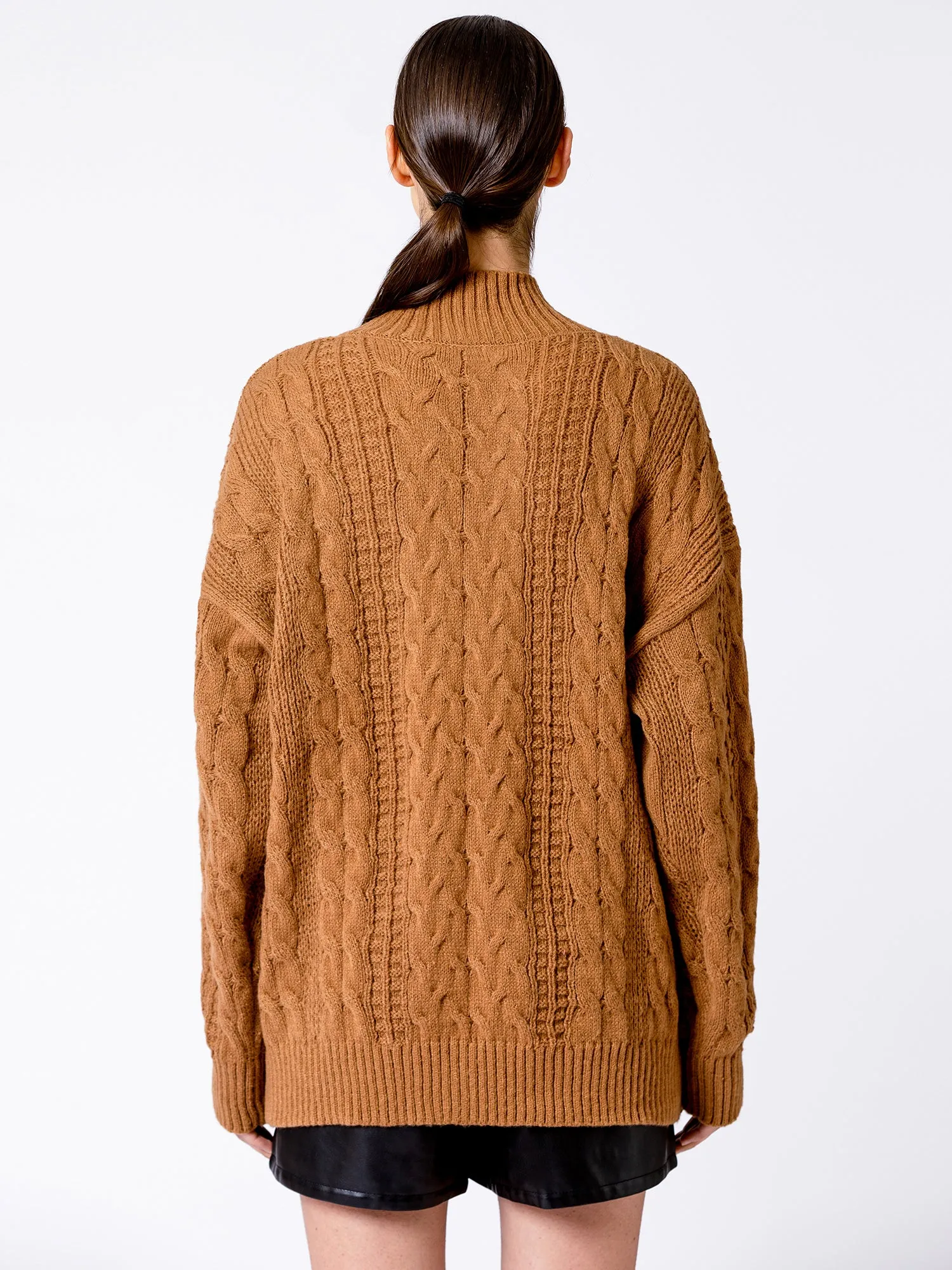 VINTAGE MOCK NECK OVERSIZED CABLE KNIT SWEATER, CARAMEL