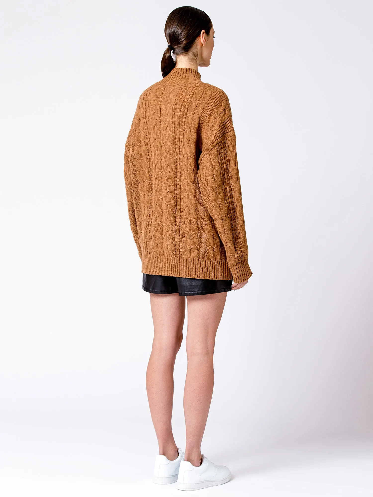 VINTAGE MOCK NECK OVERSIZED CABLE KNIT SWEATER, CARAMEL