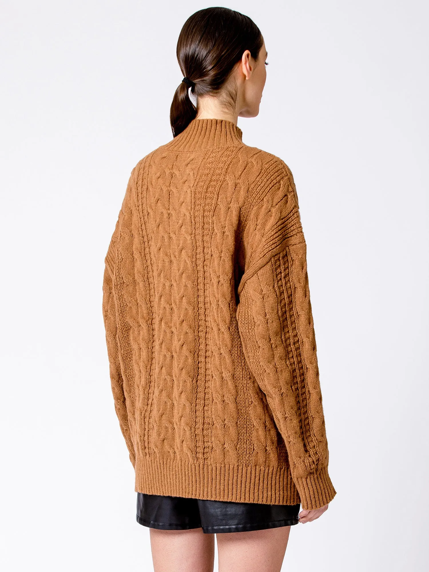 VINTAGE MOCK NECK OVERSIZED CABLE KNIT SWEATER, CARAMEL