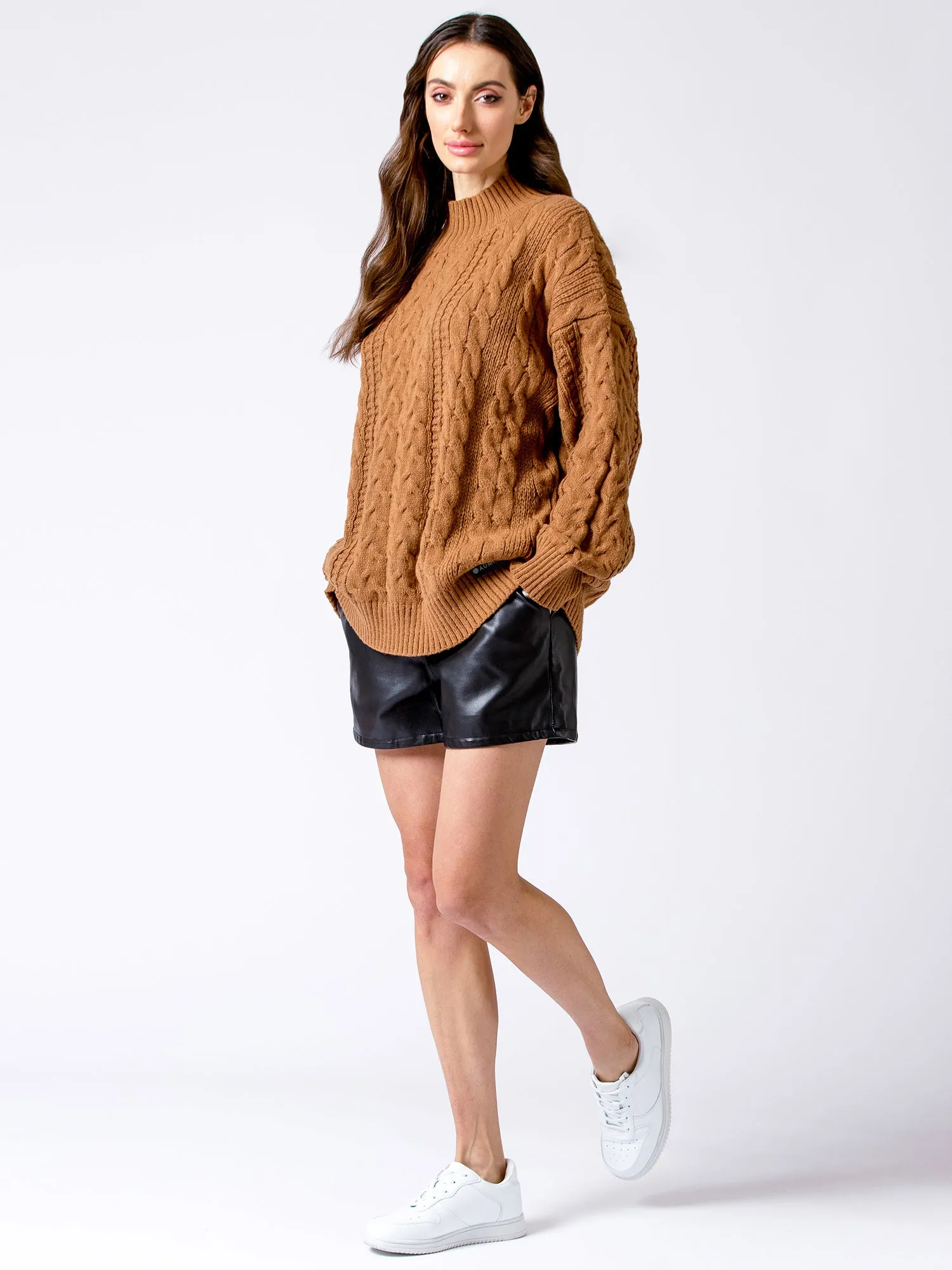VINTAGE MOCK NECK OVERSIZED CABLE KNIT SWEATER, CARAMEL
