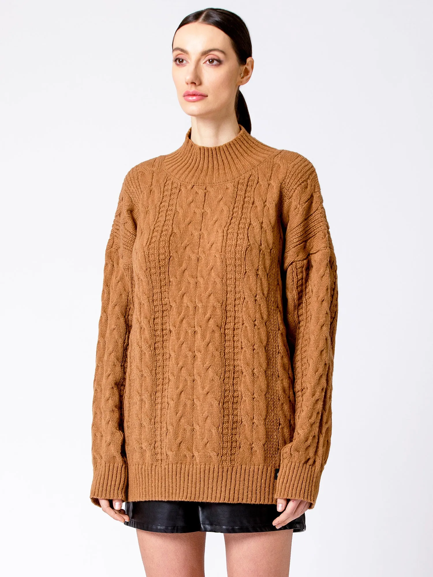 VINTAGE MOCK NECK OVERSIZED CABLE KNIT SWEATER, CARAMEL
