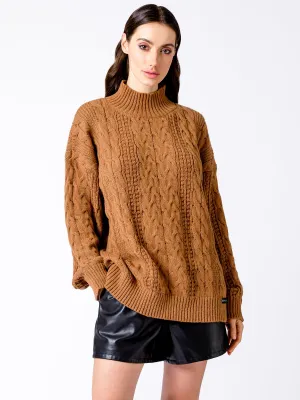 VINTAGE MOCK NECK OVERSIZED CABLE KNIT SWEATER, CARAMEL