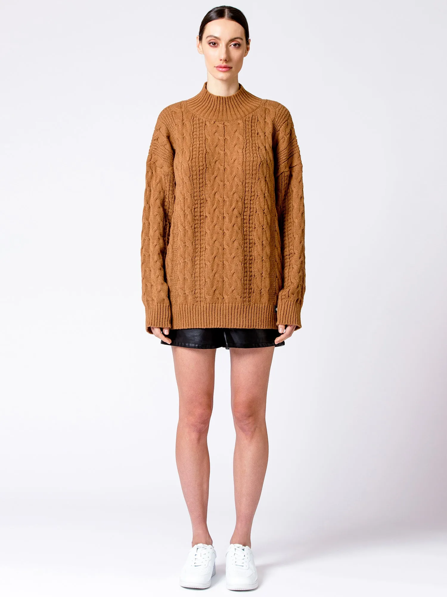 VINTAGE MOCK NECK OVERSIZED CABLE KNIT SWEATER, CARAMEL