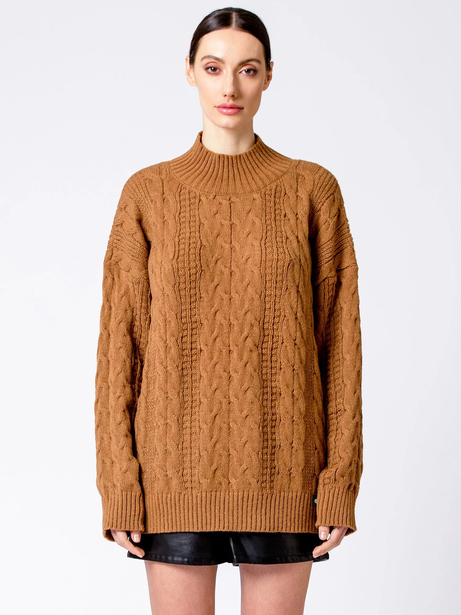 VINTAGE MOCK NECK OVERSIZED CABLE KNIT SWEATER, CARAMEL