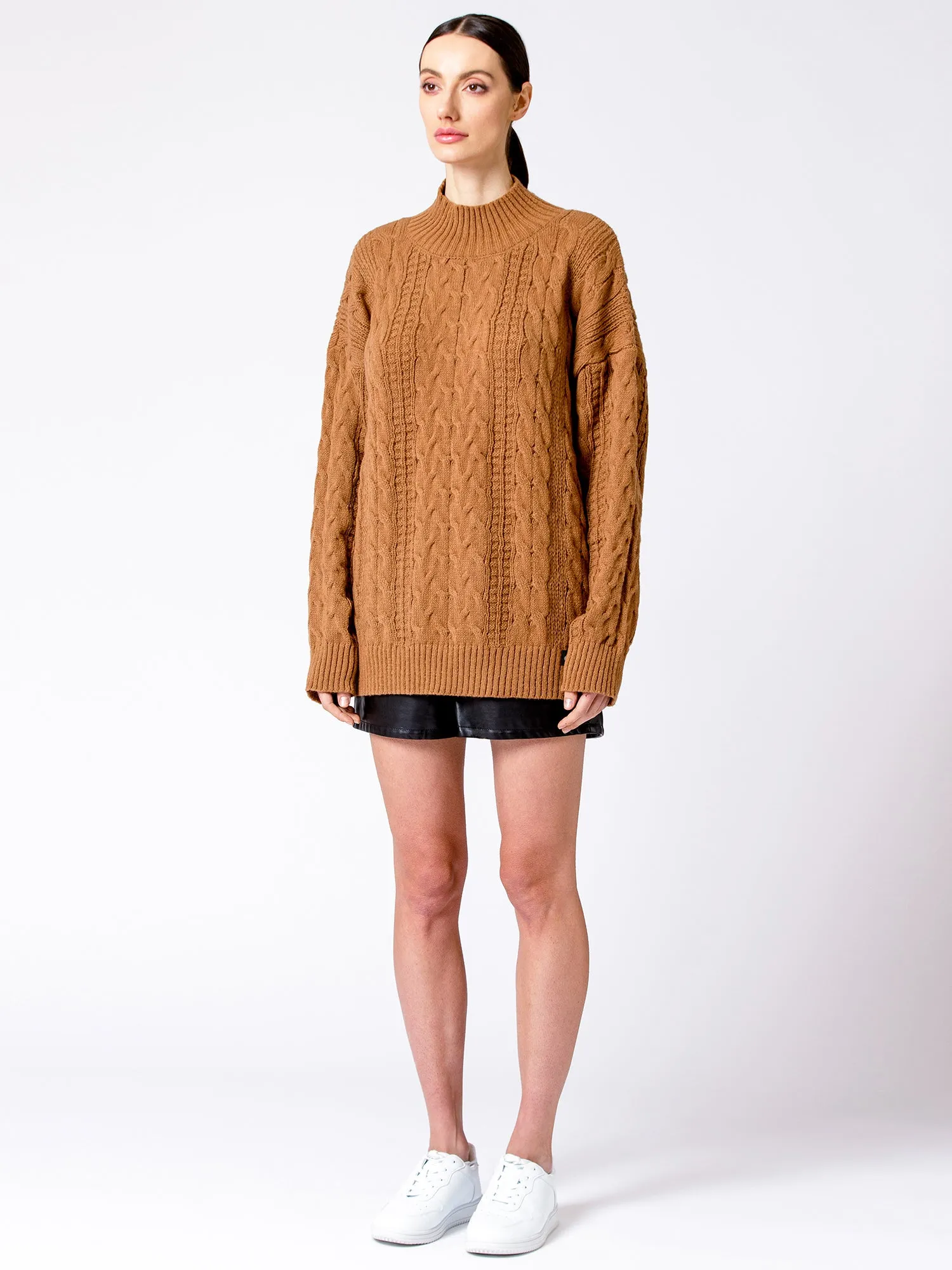 VINTAGE MOCK NECK OVERSIZED CABLE KNIT SWEATER, CARAMEL