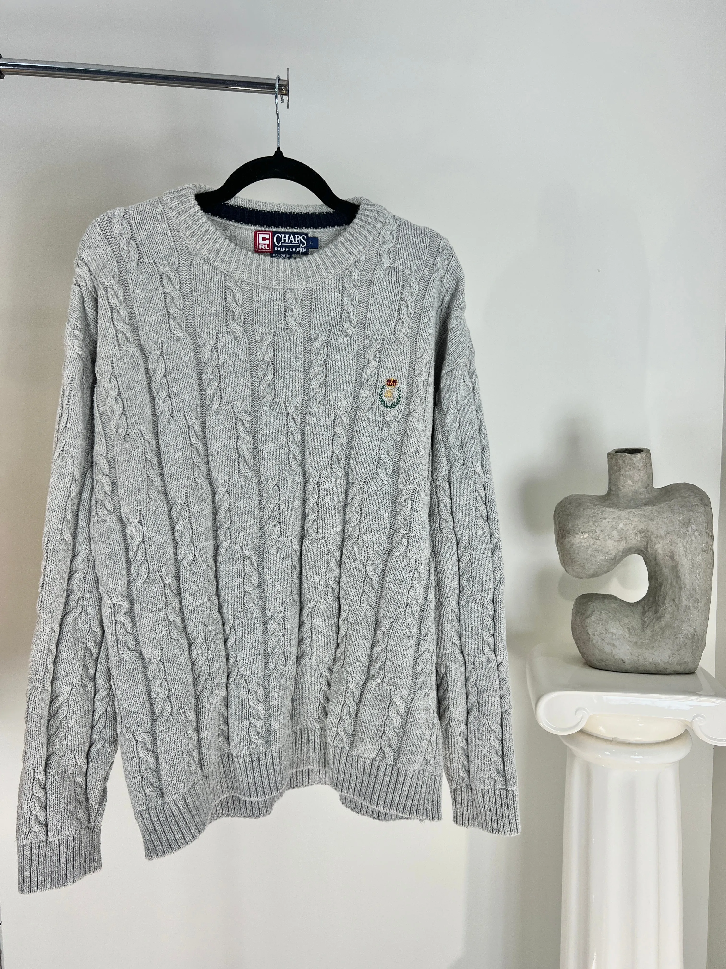 VINTAGE RALPH LAUREN CHAPS GREY CABLE KNIT SWEATER