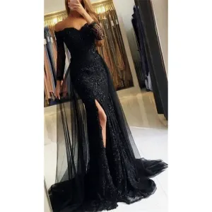 Wedding Dress Black Tulle Split Off The Shoulder Lace Crystal Beads