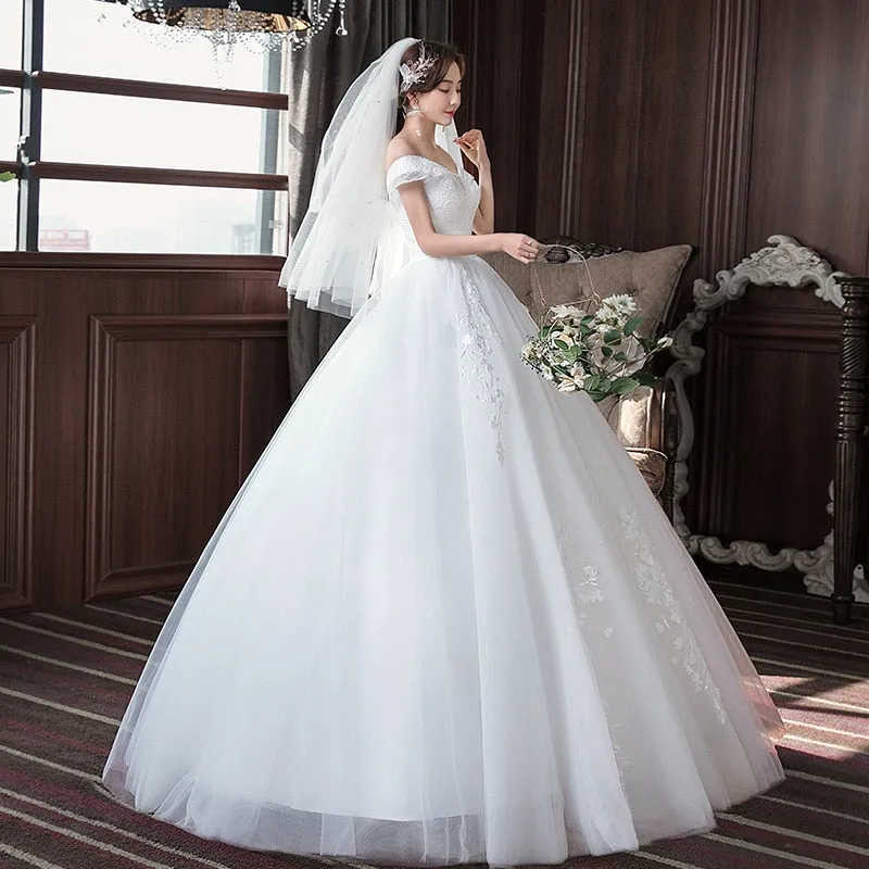 Wedding Dress Embroidered Lace on Net Boat Neck Lace up Marry Dresses
