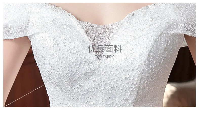 Wedding Dress Embroidered Lace on Net Boat Neck Lace up Marry Dresses
