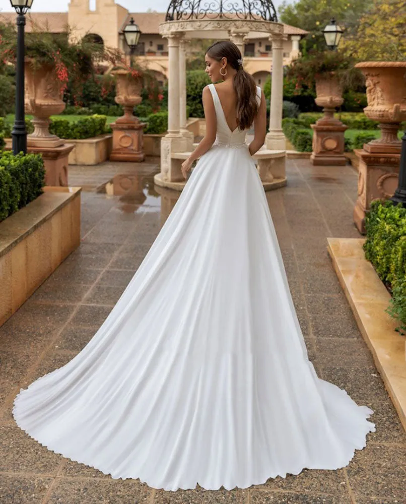 Wedding Dress For Bride V Neck Sleeveless A Line Pleats Beach