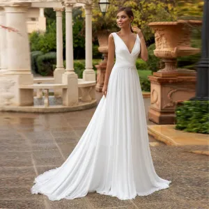 Wedding Dress For Bride V Neck Sleeveless A Line Pleats Beach
