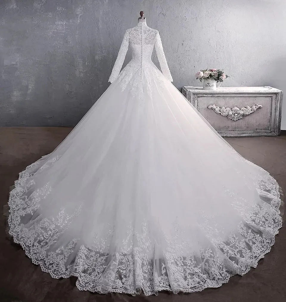Wedding Dress Lace Appliques Beading Sequins Bride Dresses High Neck