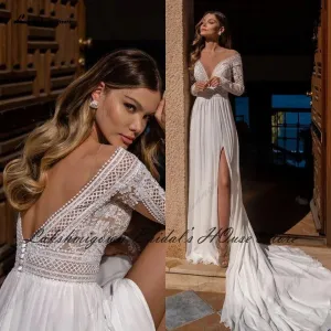 Wedding Dress Lace Long Sleeve Bridal Dress Open Back Vestidos Beach