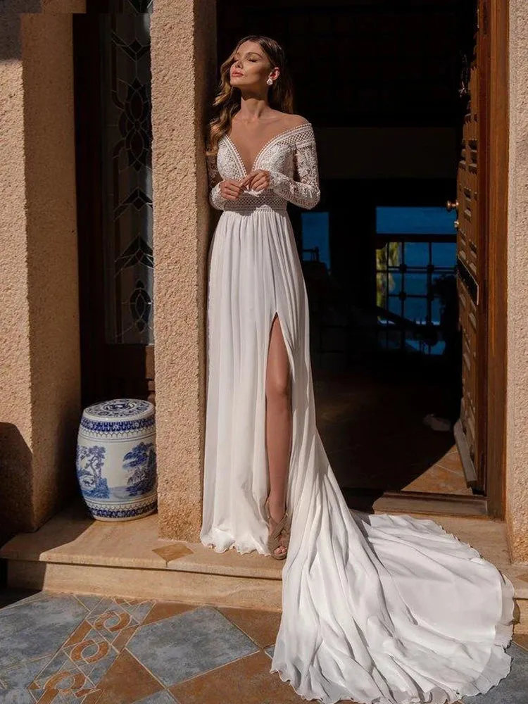 Wedding Dress Lace Long Sleeve Bridal Dress Open Back Vestidos Beach