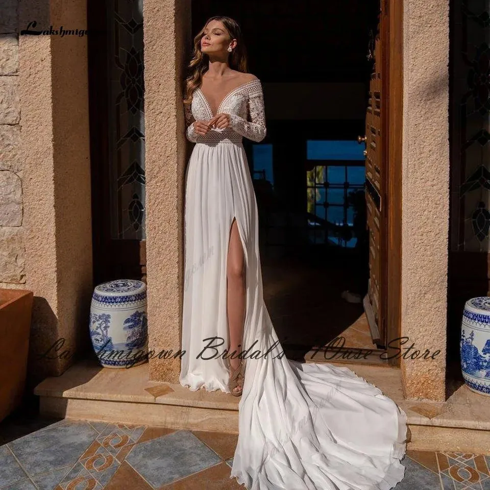 Wedding Dress Lace Long Sleeve Bridal Dress Open Back Vestidos Beach