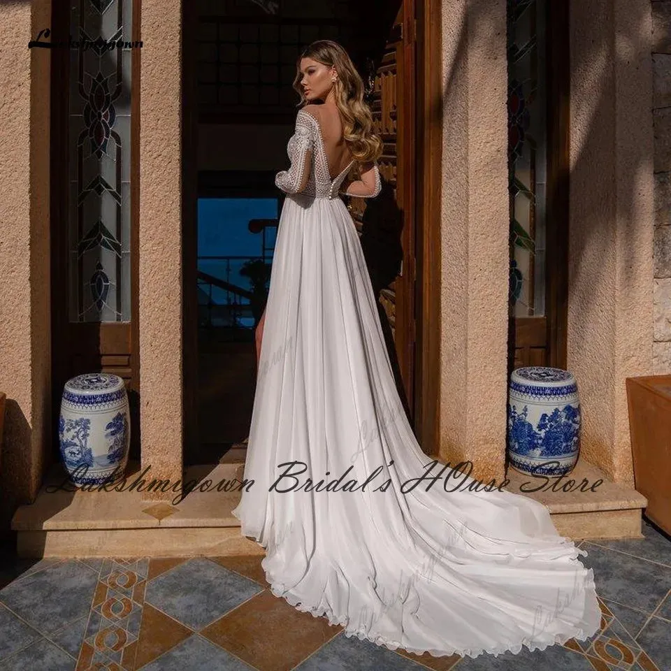 Wedding Dress Lace Long Sleeve Bridal Dress Open Back Vestidos Beach