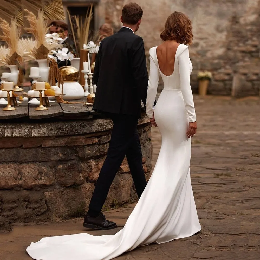 Wedding Dress Mermaid Square Neckline Long Sleeves Backless Satin