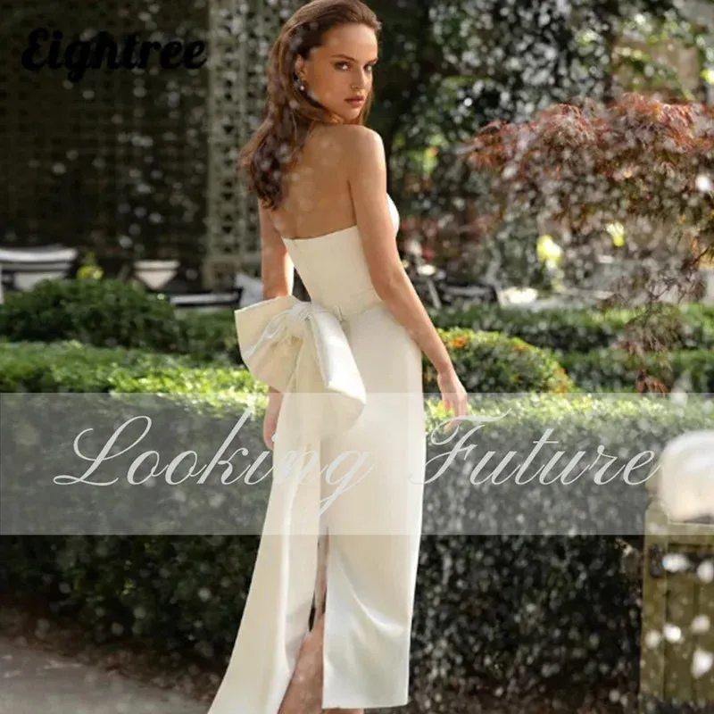 Wedding Dress Strapless Split Bridal With Bow Backless Zipper Bridal Gown