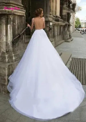 Wedding Dress with Detachable Train Three Pieces 3 in 1 Lace Applique Sheer