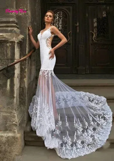 Wedding Dress with Detachable Train Three Pieces 3 in 1 Lace Applique Sheer